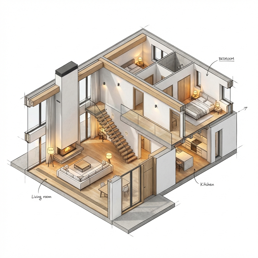 Technical cutaway view of a house plan design
