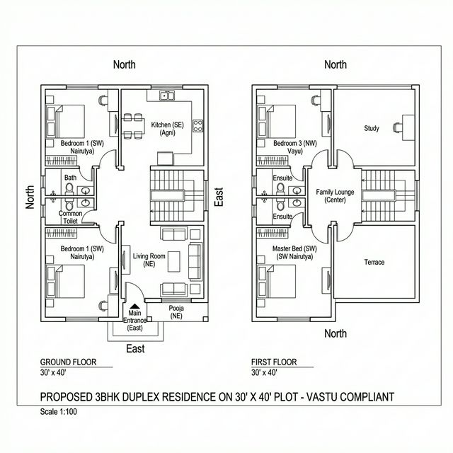 Modern 30x40 North Facing 3BHK Duplex Floor Plan